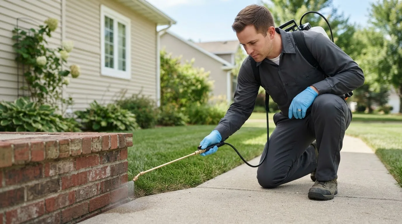 Pest control technician treating a home near Cuba, MO